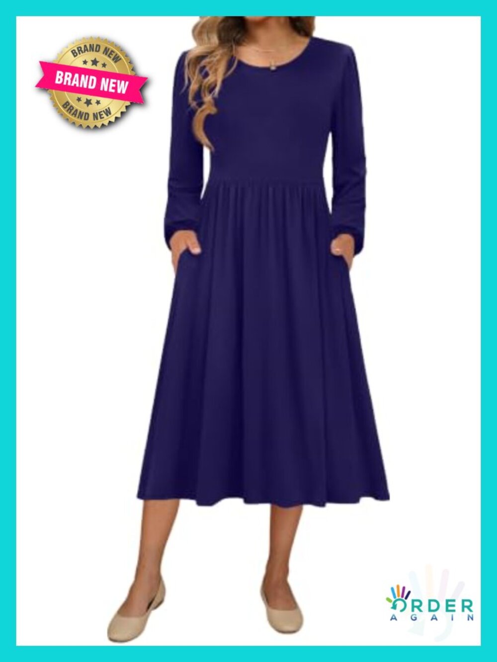 Long Sleeve A-Line Midi Dress with Pockets Casual Flowy